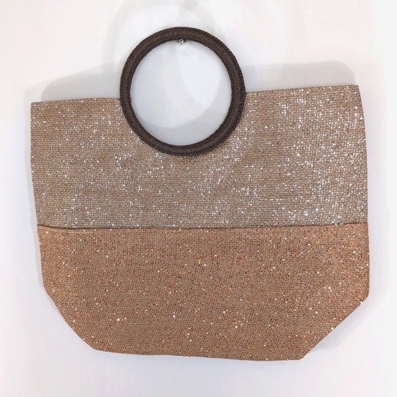 NWT Jute Lucky 7 Gold Glitter Bling Tote / Beach Bag / Travel Bag Round Handles - Picture 2 of 10